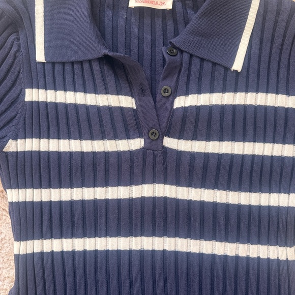 Navy Ribbed Knit Polo Dress with White Stripes- Small- NEW - Picture 8 of 12